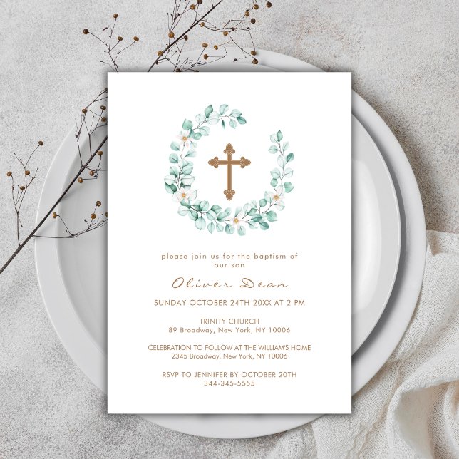 Elegant Greenery Eucalyptus Gold Cross Baptism   Invitation (Elegant Greenery Eucalyptus Gold Cross Baptism Invitation)