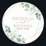 Elegant Greenery Eucalyptus Gold Geometric Wedding Classic Round Sticker<br><div class="desc">Elegant Greenery Eucalyptus Gold Geometric Wedding Classic Round Sticker. Featuring watercolor eucalyptus leaves,  and a gold geometric frame.</div>