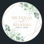 Elegant Greenery Eucalyptus Gold Geometric Wedding Classic Round Sticker<br><div class="desc">Elegant Greenery Eucalyptus Gold Geometric Wedding Classic Round Sticker. Featuring watercolor eucalyptus leaves,  and a gold geometric frame.</div>