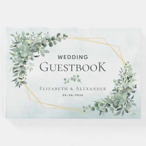 Elegant Greenery Eucalyptus Gold Geometric Wedding Guest Book