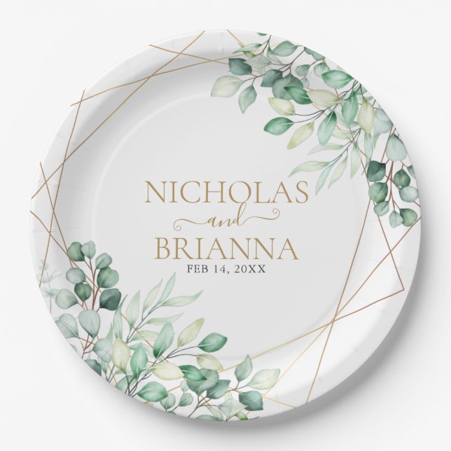 Elegant Greenery Eucalyptus Gold Geometric Wedding Paper Plates (Front)