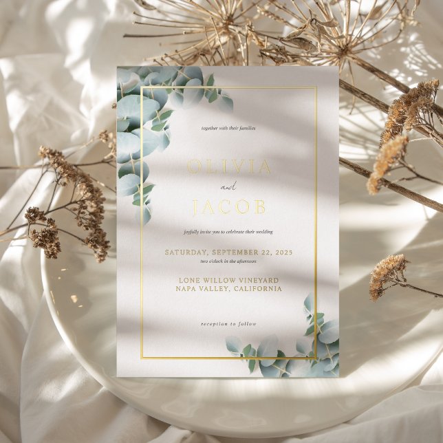 Elegant Greenery Eucalyptus Gold Wedding Foil Invitation (Creator Uploaded)