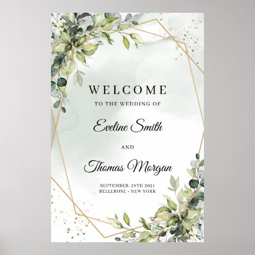 Elegant greenery eucalyptus gold wedding welcome poster