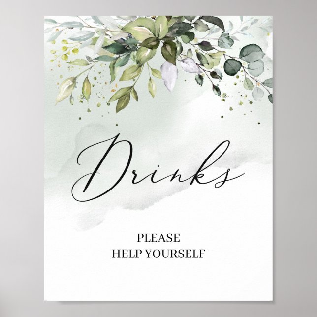 Elegant greenery eucalyptus leaves drinks sign (Front)