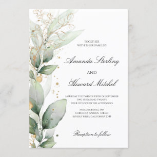 Elegant greenery eucalyptus leaves gold wedding invitation
