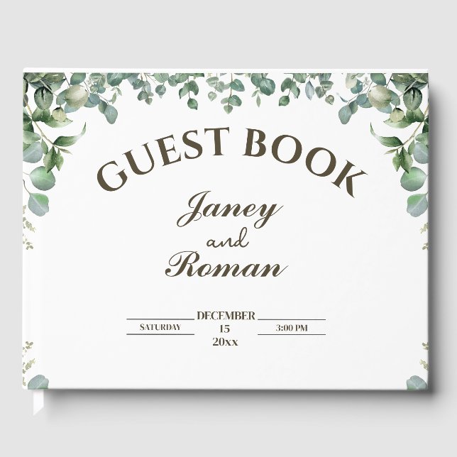 Elegant Greenery Eucalyptus Leaves Rustic Wedding Guest Book (Front)