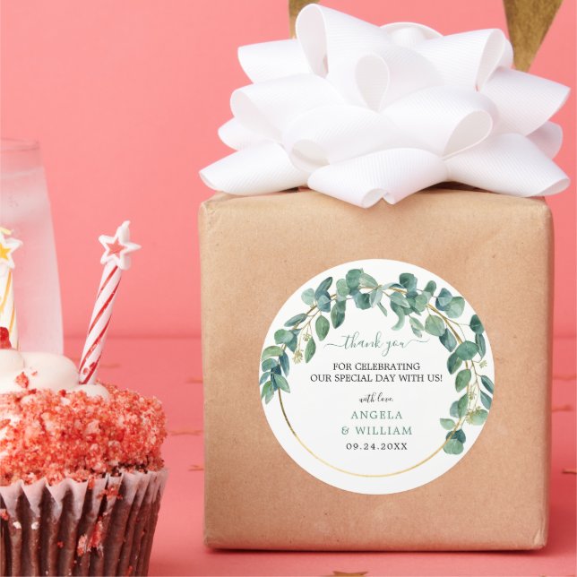 Elegant Greenery Eucalyptus Leaves Wedding Classic Round Sticker (Party)