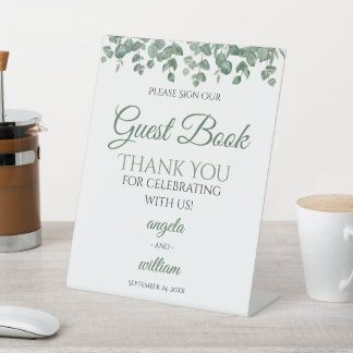 Elegant Greenery Eucalyptus Leaves Wedding guest Pedestal Sign