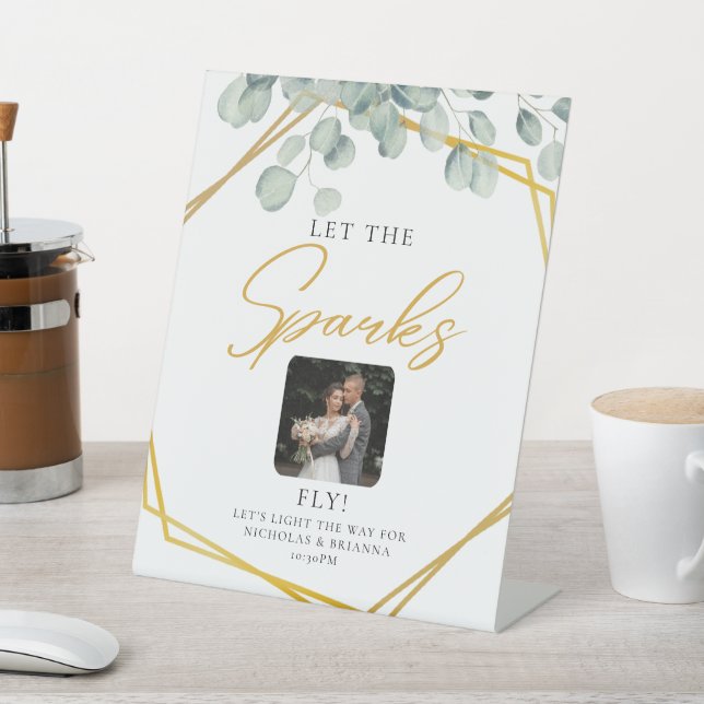 Elegant Greenery Eucalyptus Leaves Wedding sparkle Pedestal Sign (In SItu)