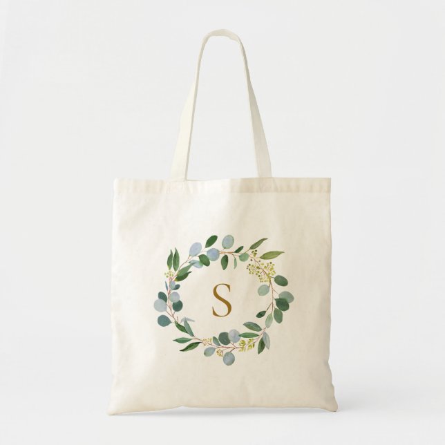 Elegant Greenery Eucalyptus Leaves Wreath Monogram Tote Bag (Front)