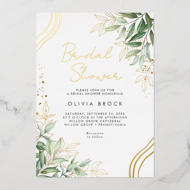 Elegant Greenery Eucalyptus Modern Bridal Shower Foil Invitation (Front)