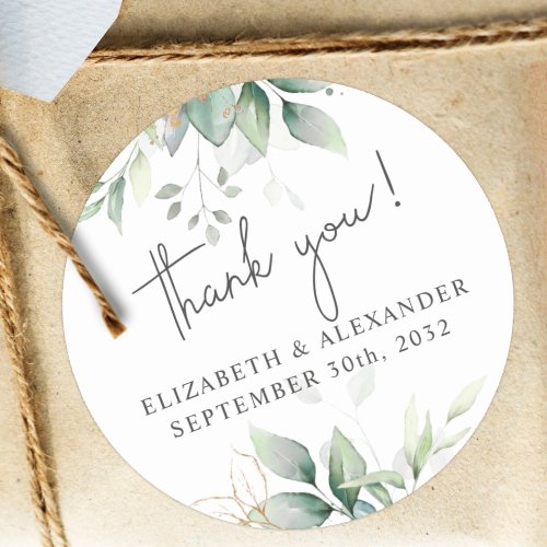 Elegant greenery eucalyptus names and wedding date classic round sticker