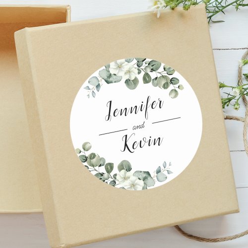 Elegant Greenery Eucalyptus Personalized Wedding  Classic Round Sticker