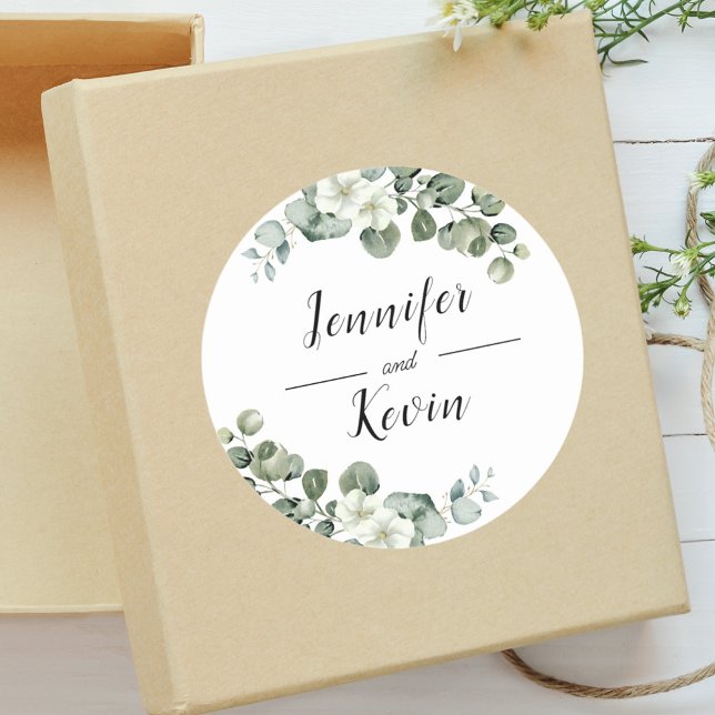 Elegant Greenery Eucalyptus Personalized Wedding  Classic Round Sticker (Creator Uploaded)
