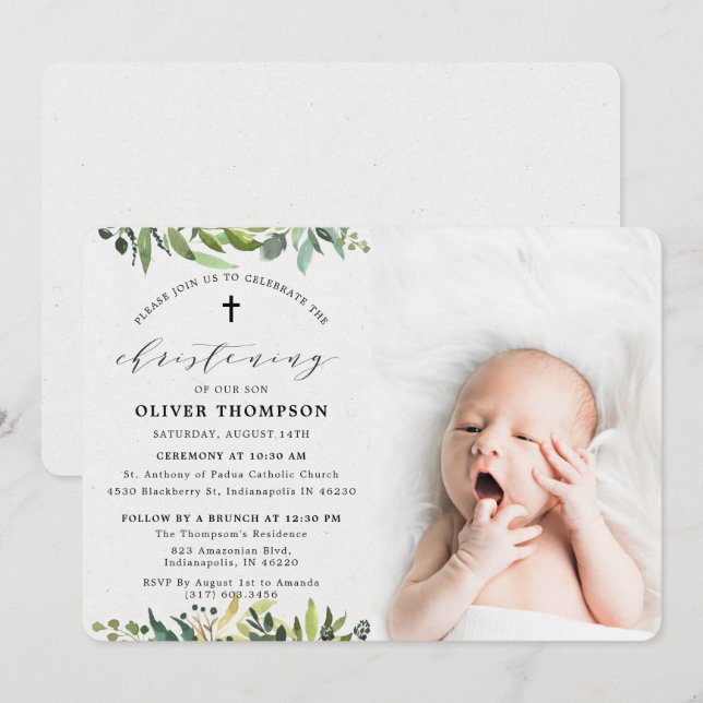 Elegant Greenery Eucalyptus  Photo Christening Invitation (Front/Back)