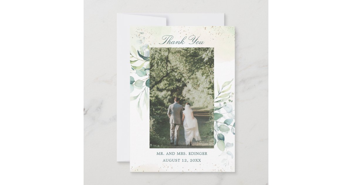 Elegant Greenery Eucalyptus Photo Wedding Thank You Card | Zazzle