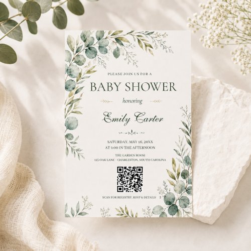 Elegant Greenery Eucalyptus QR Code Baby Shower Invitation