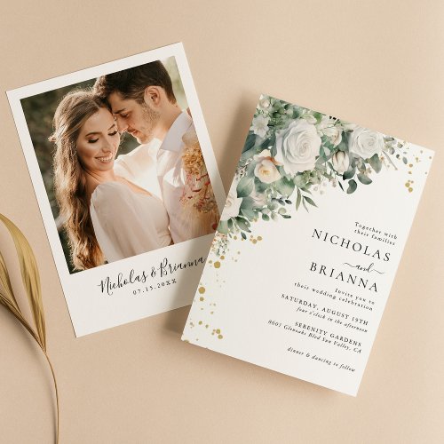 Elegant Greenery Eucalyptus Rose Photo Wedding Invitation