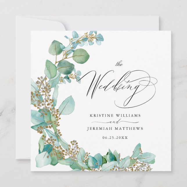 Elegant Greenery Eucalyptus Watercolor Wedding Invitation (Back)