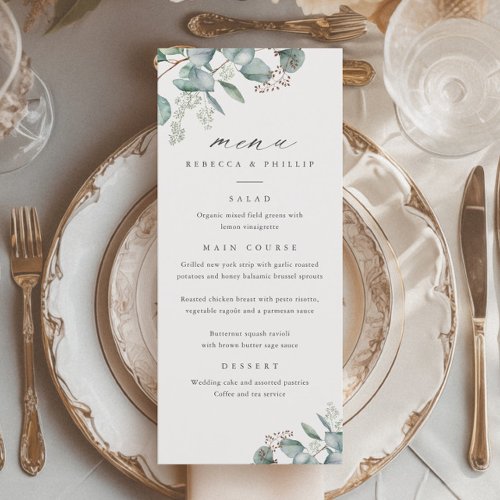 Elegant Greenery Eucalyptus Watercolor Wedding Menu