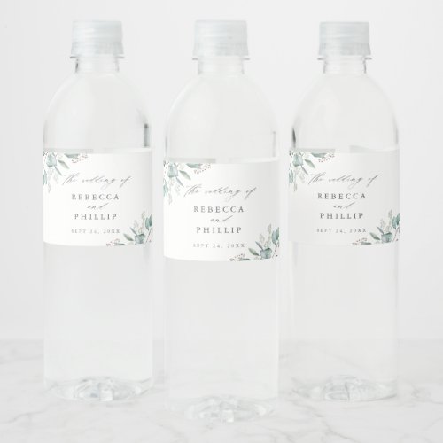 Elegant Greenery Eucalyptus Watercolor Wedding Water Bottle Label