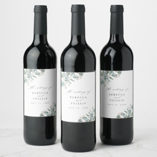 Elegant Greenery Eucalyptus Watercolor Wedding Wine Label