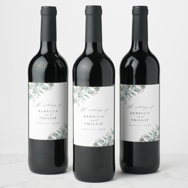 Elegant Greenery Eucalyptus Watercolor Wedding Wine Label (Bottles)