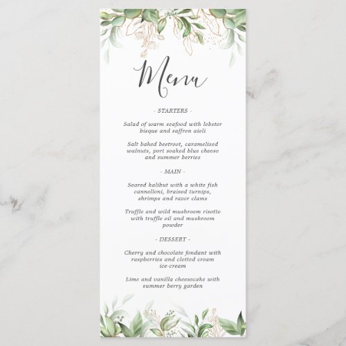 Elegant Greenery Eucalyptus Wedding Menu - Elegant wedding reception menu featuring a stylish white background, botanical watercolor eucalyptus foliage, gold glitter accents, and a menu template that is easy to personalize.