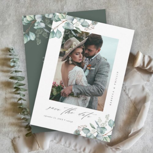 Elegant Greenery Eucalyptus Wedding Photo QR Code  Save The Date