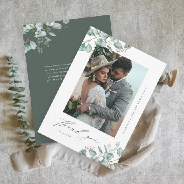 Elegant Greenery Eucalyptus Wedding Photo Thank You Card | Zazzle