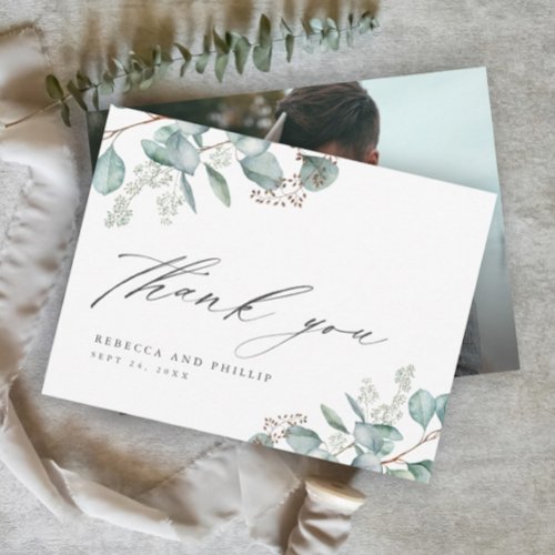 Elegant Greenery Eucalyptus Wedding Photo Thank You Card