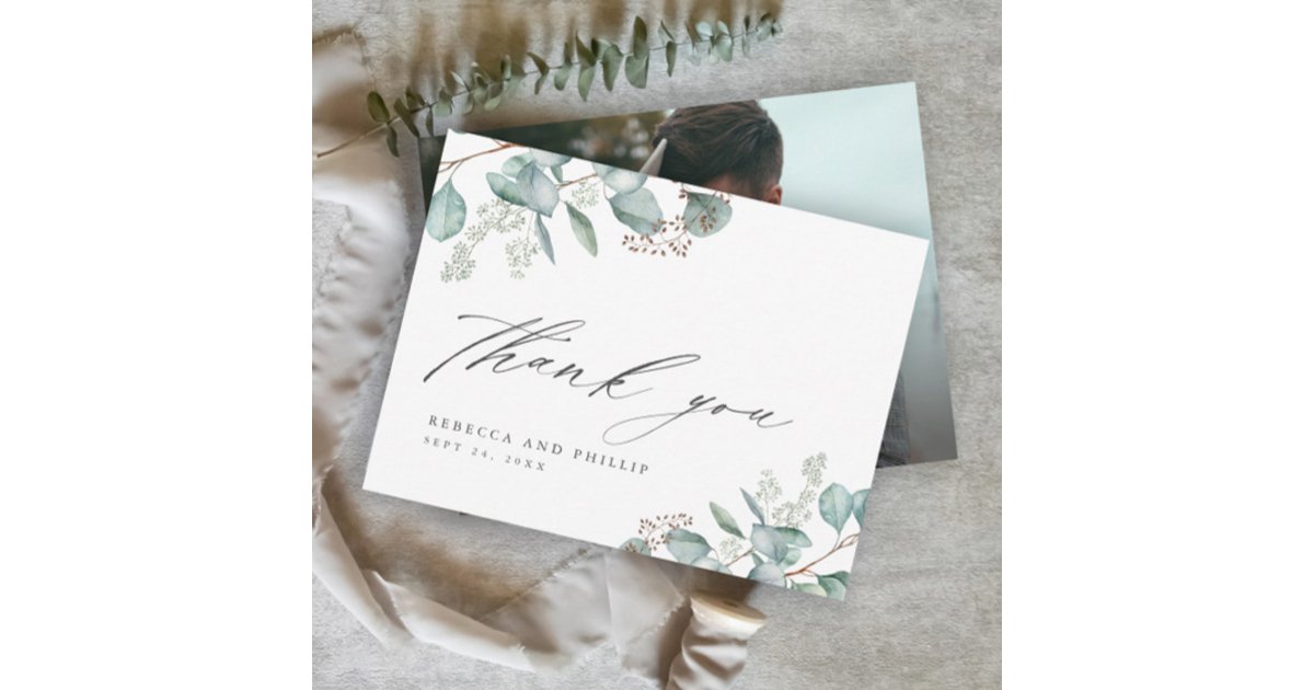 Elegant Greenery Eucalyptus Wedding Photo Thank You Card | Zazzle