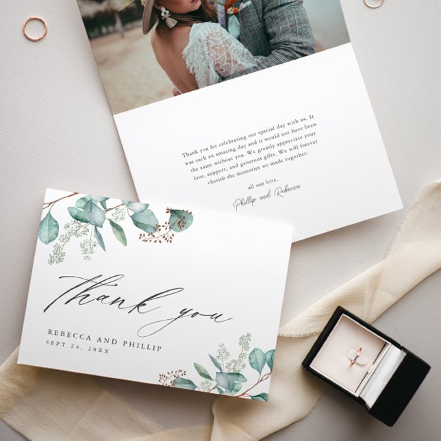 Elegant Greenery Eucalyptus Wedding Photo Thank You Card (Elegant Eucalyptus Greenery Script Wedding Photo Thank You Cards.)