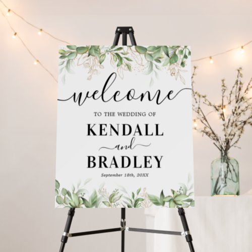 Elegant Greenery Eucalyptus Wedding Welcome Foam Board - Elegant wedding welcome foam board sign featuring a stylish white background, botanical watercolor eucalyptus foliage, gold glitter accents, the word "welcome" in a calligraphy script font, their names, and the wedding date.