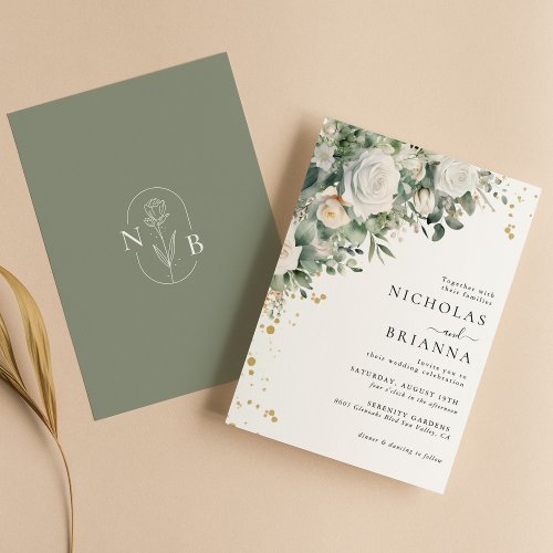 Elegant Greenery Eucalyptus White Rose Wedding Invitation