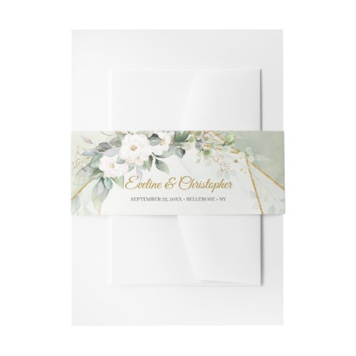 Elegant greenery eucalyptus white roses gold invitation belly band