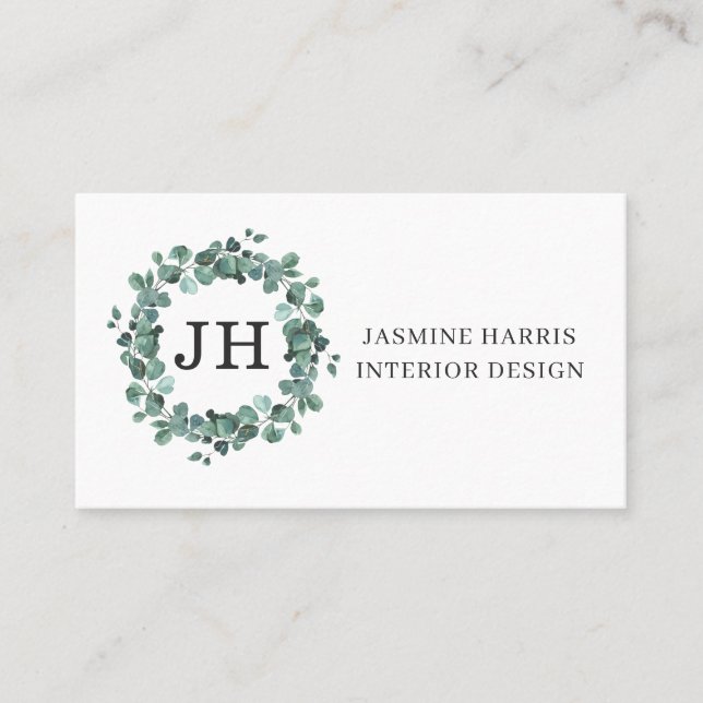 Elegant Greenery Eucalyptus Wreath Business Card (Front)