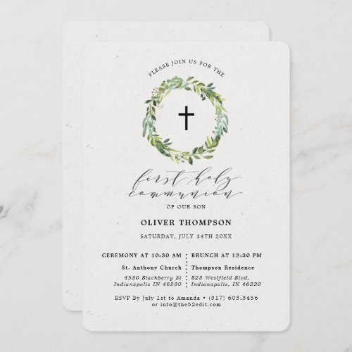 Elegant Greenery Eucalyptus Wreath First Communion Invitation