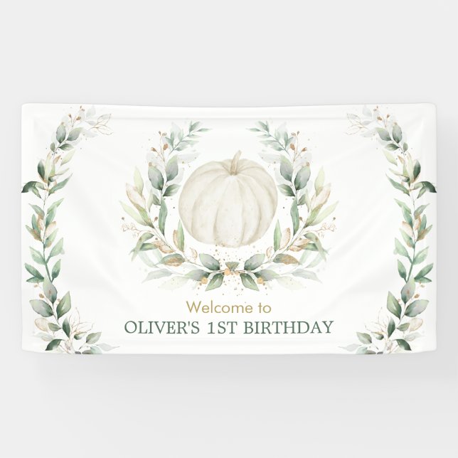 Elegant Greenery Fall Pumpkin 1st Birthday Welcome Banner (Horizontal)