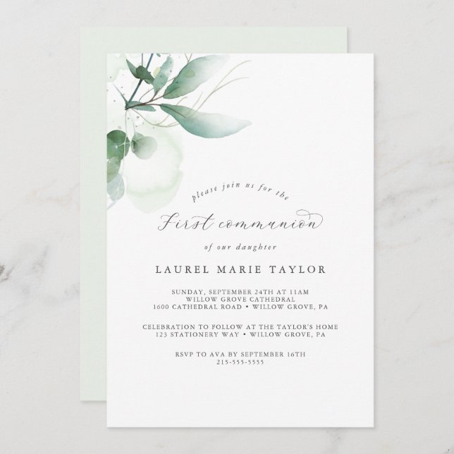 Elegant Greenery First Communion Invitation (Front/Back)