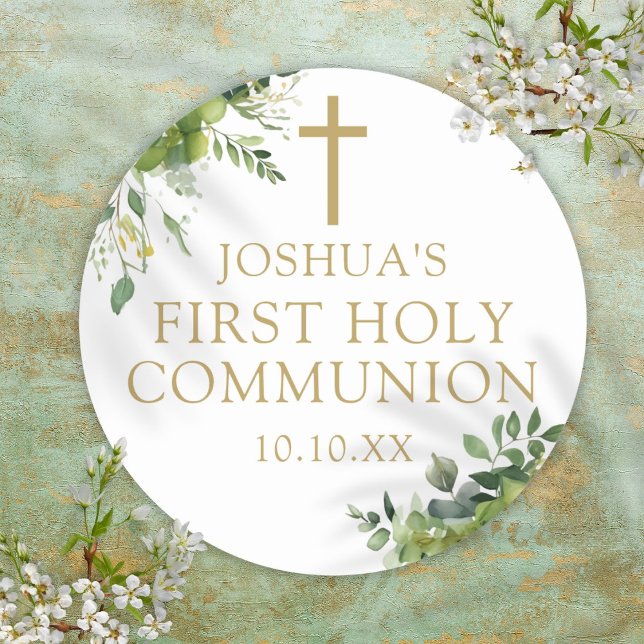 Elegant Greenery First Holy Communion Favor Classic Round Sticker (Elegant Greenery First Holy Communion Favor Classic Round Sticker)