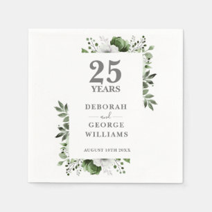 Elegant Greenery Floral 25th Wedding Anniversary Napkins