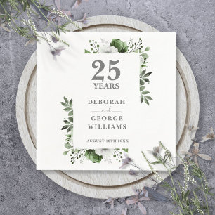 Elegant Greenery Floral 25th Wedding Anniversary  Napkins