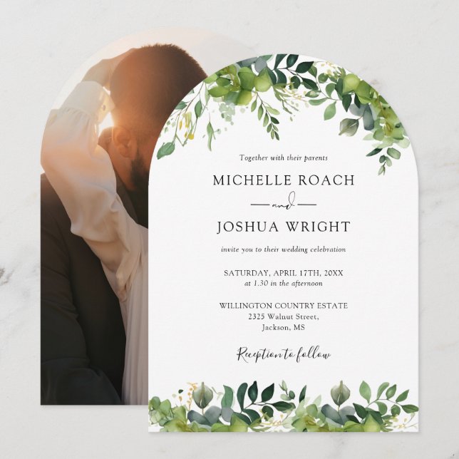 Elegant Greenery Floral Arch Photo Wedding Invitation (Front/Back)