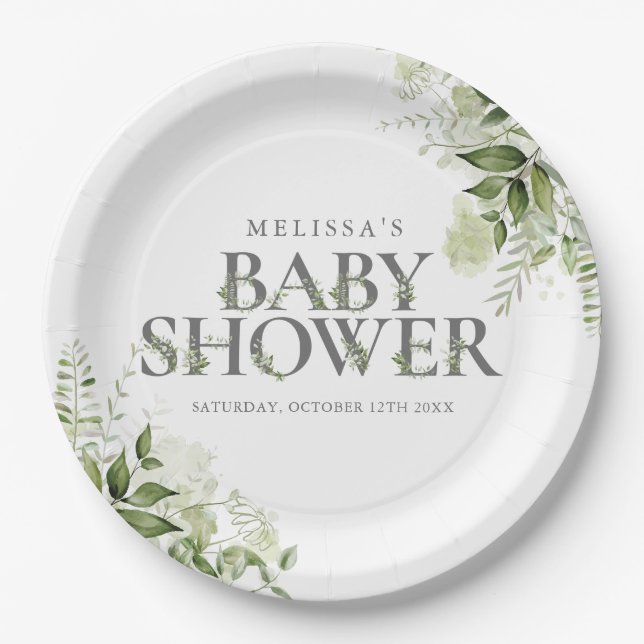 Elegant Greenery Floral Baby Shower Paper Plates (Front)