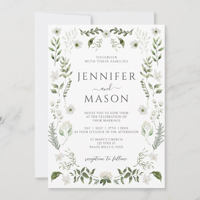 Elegant Greenery Floral Bohemian Wedding Invitation (Front)