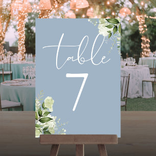 Elegant Greenery Floral Dusty Blue Table Number