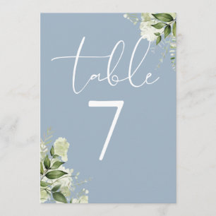 Elegant Greenery Floral Dusty Blue Table Number