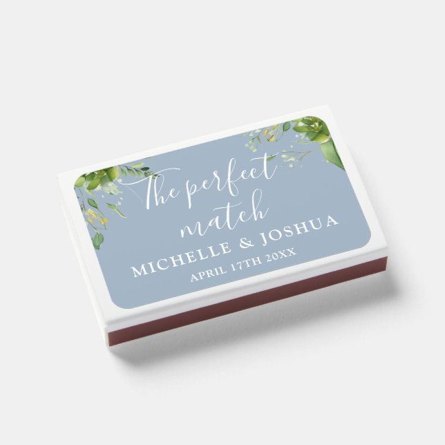 Elegant Greenery Floral Dusty Blue Wedding Matchboxes (Front Closed)