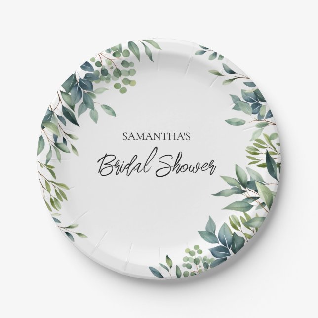 Elegant Greenery Floral Foliage Bridal Shower Paper Plates (Front)